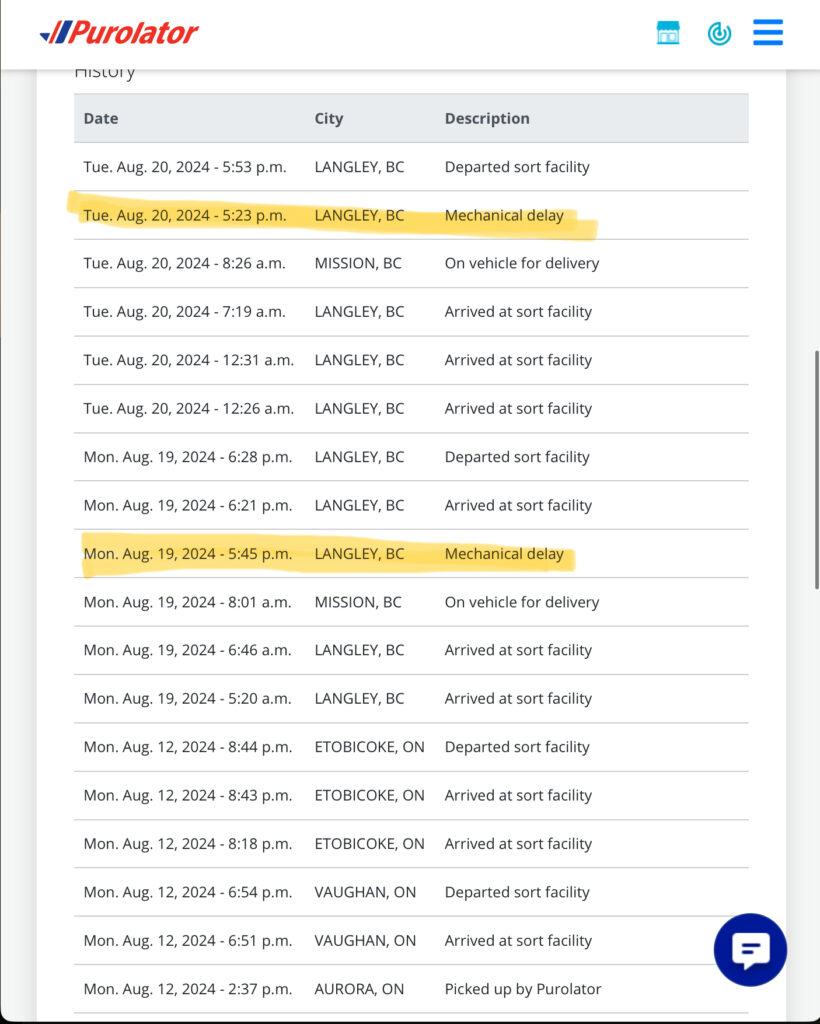 A shipping log of a package going from Ontario to BC